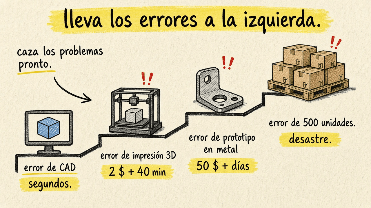 Llevar los errores a la izquierda: un error de CAD cuesta segundos; uno de impresión 3D, 2 dólares y 40 minutos; un prototipo en metal, 50 dólares y días; un error de 500 unidades es un desastre