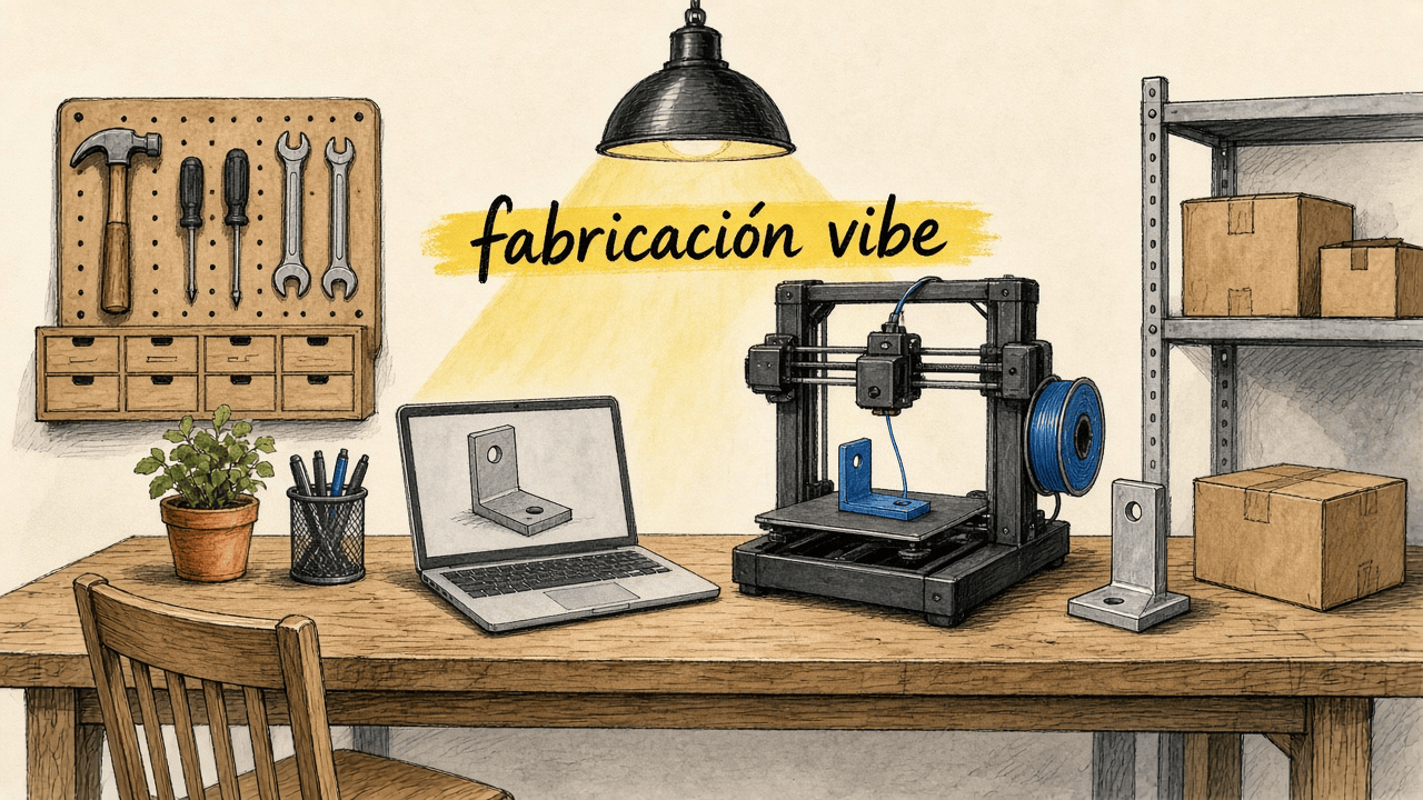 Taller de fabricación vibe: portátil con el CAD, impresora 3D y la pieza de metal ya hecha