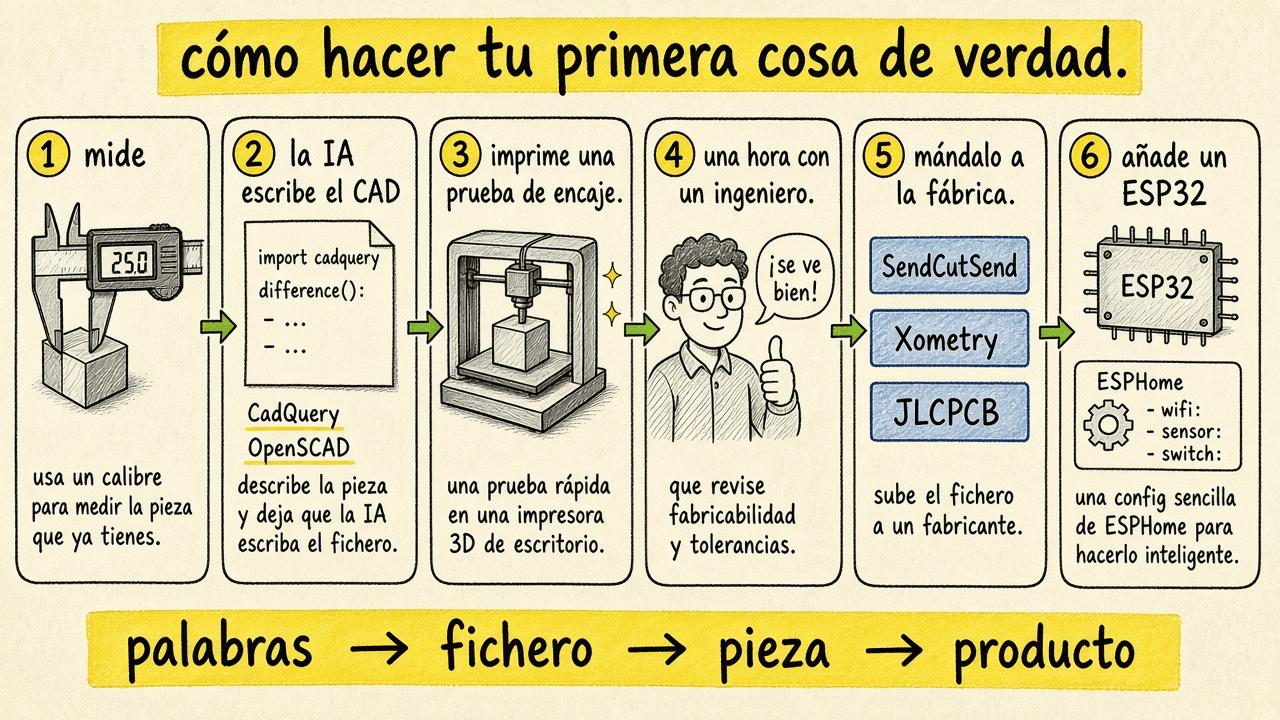 Seis pasos para la primera pieza: medir, que la IA escriba el CAD, imprimir una prueba de encaje, una hora con un ingeniero, mandarlo a la fábrica y añadir un ESP32