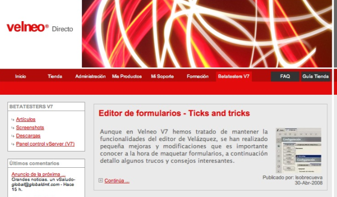 Nueva pestaña de betatester en Velneo Directo